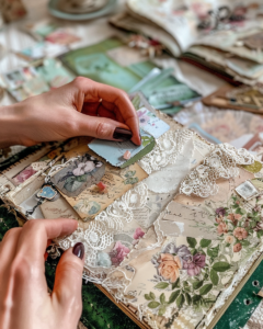 hands layering vintage floral paper lace and tags into a junk 815be782 7d13 4468 b163 ec7d5cac254e 2
