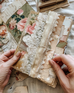 hands layering vintage floral paper lace and tags into a junk 815be782 7d13 4468 b163 ec7d5cac254e 3